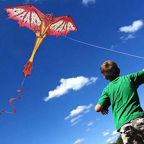 HONBO Dragon Kite para niños y adultos, fácil de volar, cometa principiante, 55 x 62 pulgadas con cola giratoria de 60 m, cometas para niños (rojo)