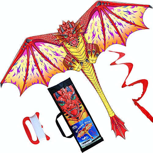 HONBO Dragon Kite para niños y adultos, fácil de volar, cometa principiante, 55 x 62 pulgadas con cola giratoria de 60 m, cometas para niños (rojo)