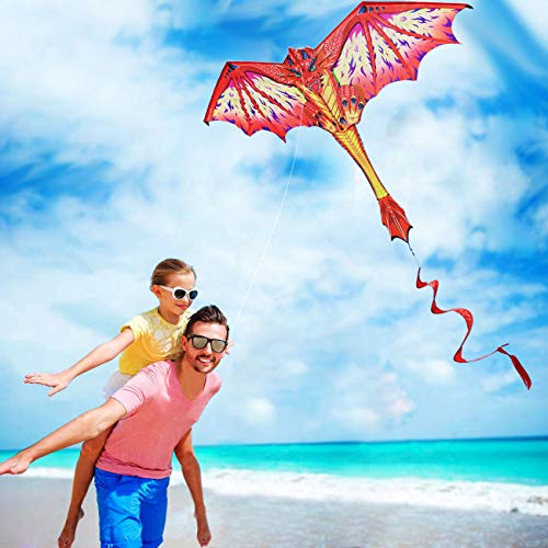 HONBO Dragon Kite para niños y adultos, fácil de volar, cometa principiante, 55 x 62 pulgadas con cola giratoria de 60 m, cometas para niños (rojo)