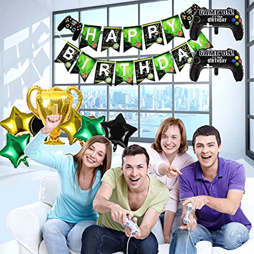 HONGECB Globos de Control de Videojuegos, Suministros de Fiestas de Videojuegos, Globos de Playstation, Banner de Feliz Cumpleaños, Decoraciones para Cumpleaños de Tema de Videojuegos, 10 Piezas