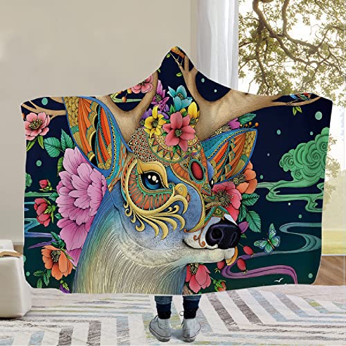 Hooded Blanket Hat Winter Novelty Blanket Green Leaf Deer 3D Print Soft Sherpa Fleece Blanket,Adult Thick Warm,Comfortable Air Conditioning Blanket,Used for Watching TV,Sofa,nap（150x200 cm