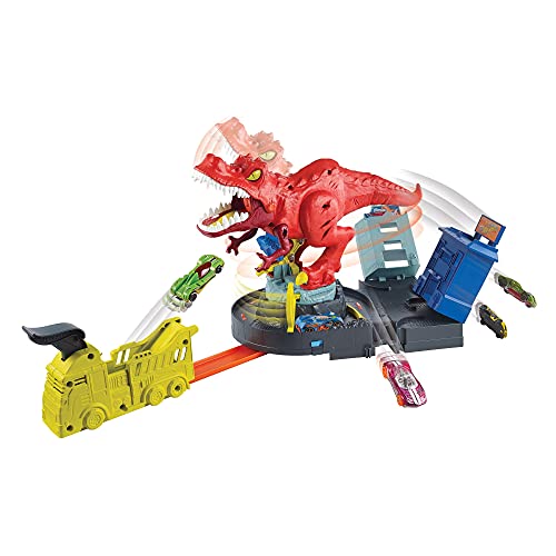 Hot Wheels - City T-Rex Devorador Destructor, Pista de Coches de Juguete con Dinosaurio (Mattel GWT32), Embalaje sostenible