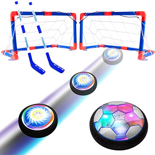 Hover Soccer 3 en 1 Juego de juguetes para niños, juego de interior recargable con 3 goles y LED, Air Power Hockey y juguetes deportivos con pelota de fútbol, regalos para niños y niñas de 3 a 12 años