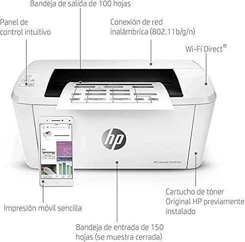 HP LaserJet Pro M15w W2G51A, Impresora A4 Monofunción Monocromo, Impresión a Doble Cara Manual, Wi-Fi, USB 2.0 de alta velocidad, HP Smart App, Apple AirPrint, Panel de control LED, Blanca