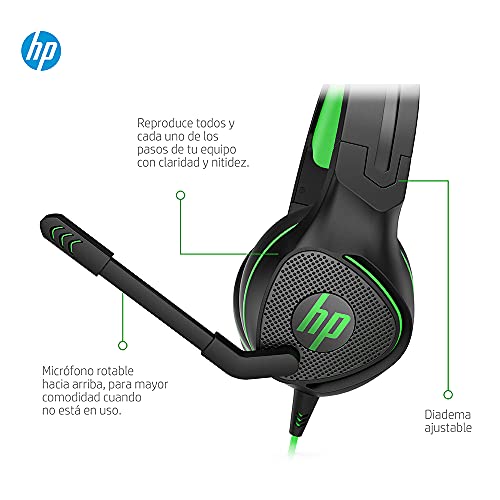 HP Pavilion 400 - Auriculares gaming con micrófono (sonido estéreo, controles integrados en el cable, conector analógico de 3.5 mm) negro y verde, Talla Única