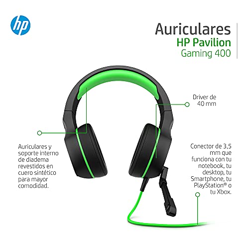HP Pavilion 400 - Auriculares gaming con micrófono (sonido estéreo, controles integrados en el cable, conector analógico de 3.5 mm) negro y verde, Talla Única