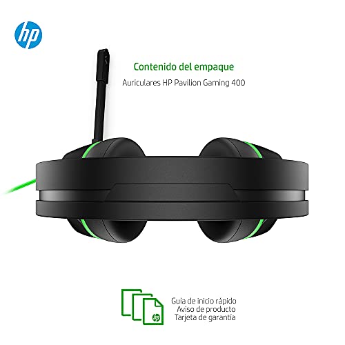 HP Pavilion 400 - Auriculares gaming con micrófono (sonido estéreo, controles integrados en el cable, conector analógico de 3.5 mm) negro y verde, Talla Única