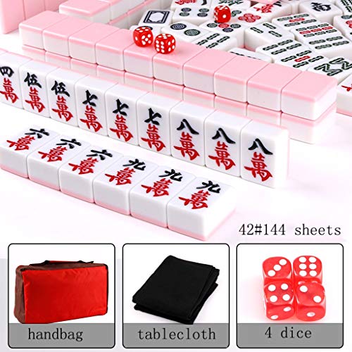 HSAN Mahjongg Nuevo Mahjong Melamine Mahjong Chino, Incluyendo 144 Dados de baldosas 4 Dados y Caja de Almacenamiento portátil Rosa/Blanco Mejor compañero de Juegos (Color : Pink)