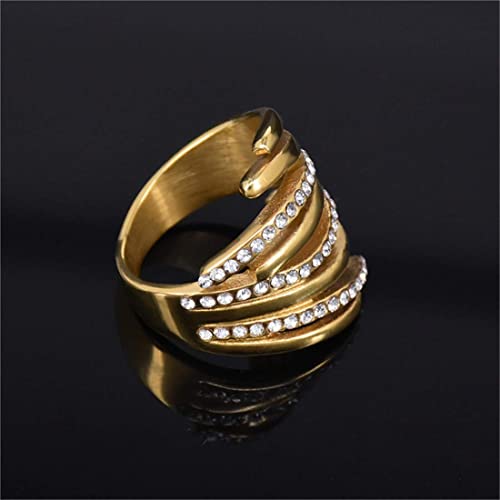 HUAQINEI Anillo de Acero de Titanio Tachonado de Diamantes Creativo Joyería de Moda de Compromiso de Boda para Mujer Oro, tamaño r, p