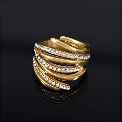 HUAQINEI Anillo de Acero de Titanio Tachonado de Diamantes Creativo Joyería de Moda de Compromiso de Boda para Mujer Oro, tamaño r, p