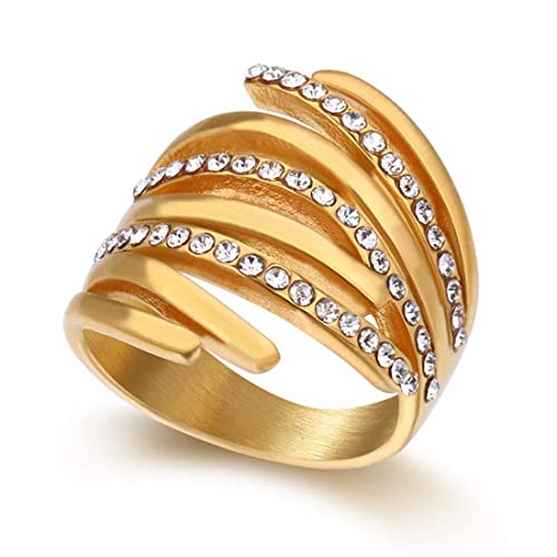HUAQINEI Anillo de Acero de Titanio Tachonado de Diamantes Creativo Joyería de Moda de Compromiso de Boda para Mujer Oro, tamaño r, p