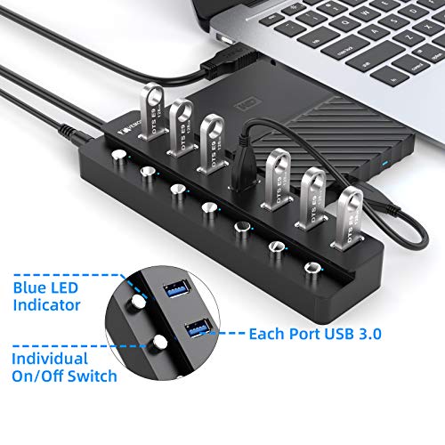 Hub USB 3.0, VEMONT 7 Puertos Aluminio Hub USB Datos Divisor de Extensión USB con interruptores LED de Encendido/Apagado Individuales, Cable de 1,2 m para Ordenador portátil, PC,PS4,MacBook,XPS y más