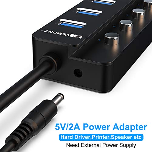 Hub USB 3.0, VEMONT 7 Puertos Aluminio Hub USB Datos Divisor de Extensión USB con interruptores LED de Encendido/Apagado Individuales, Cable de 1,2 m para Ordenador portátil, PC,PS4,MacBook,XPS y más