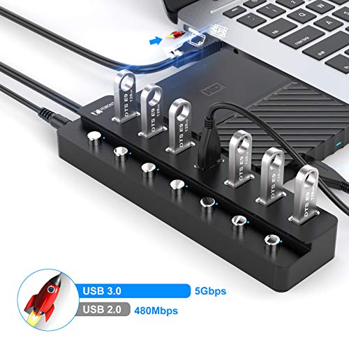 Hub USB 3.0, VEMONT 7 Puertos Aluminio Hub USB Datos Divisor de Extensión USB con interruptores LED de Encendido/Apagado Individuales, Cable de 1,2 m para Ordenador portátil, PC,PS4,MacBook,XPS y más