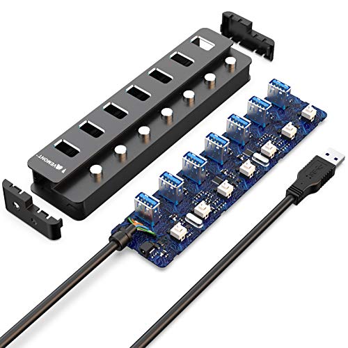 Hub USB 3.0, VEMONT 7 Puertos Aluminio Hub USB Datos Divisor de Extensión USB con interruptores LED de Encendido/Apagado Individuales, Cable de 1,2 m para Ordenador portátil, PC,PS4,MacBook,XPS y más