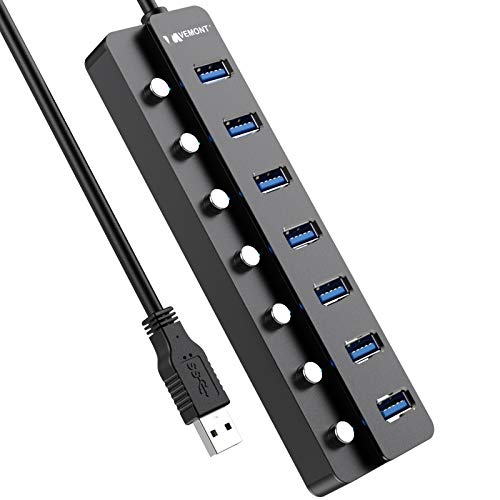 Hub USB 3.0, VEMONT 7 Puertos Aluminio Hub USB Datos Divisor de Extensión USB con interruptores LED de Encendido/Apagado Individuales, Cable de 1,2 m para Ordenador portátil, PC,PS4,MacBook,XPS y más
