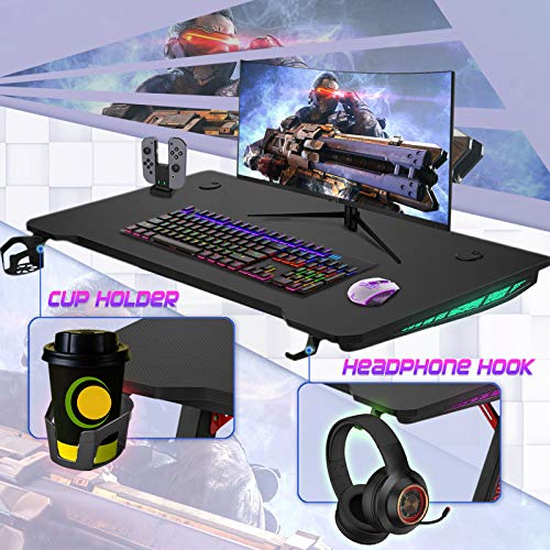 Huracan Desk Gaming Escritorio para videojuegos, Mesa de juegos, para ordenador Gaming Lámpara RGB con portavasos Soporte para auriculares y gancho para auriculares 120x60x73 cm