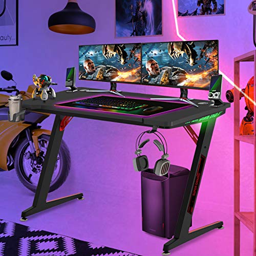 Huracan Desk Gaming Escritorio para videojuegos, Mesa de juegos, para ordenador Gaming Lámpara RGB con portavasos Soporte para auriculares y gancho para auriculares 120x60x73 cm