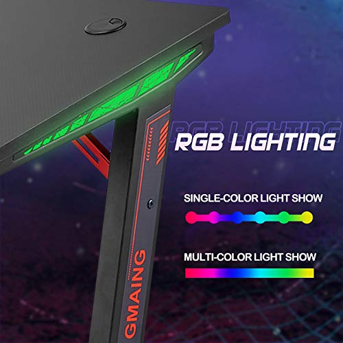 Huracan Desk Gaming Escritorio para videojuegos, Mesa de juegos, para ordenador Gaming Lámpara RGB con portavasos Soporte para auriculares y gancho para auriculares 120x60x73 cm