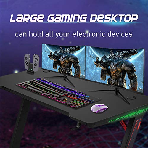 Huracan Desk Gaming Escritorio para videojuegos, Mesa de juegos, para ordenador Gaming Lámpara RGB con portavasos Soporte para auriculares y gancho para auriculares 120x60x73 cm