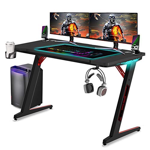 Huracan Desk Gaming Escritorio para videojuegos, Mesa de juegos, para ordenador Gaming Lámpara RGB con portavasos Soporte para auriculares y gancho para auriculares 120x60x73 cm