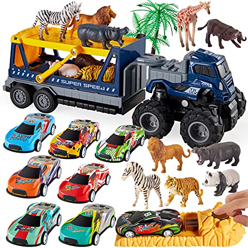 HYAKIDS 3 en 1 Salvajes Animal Camión Transportador Coches Juguetes con Mini Selva Figuras de Animals Coche de Carreras Juego 3 4 5 Años Niños Niñas