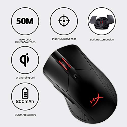 HyperX HX-MC006B Pulsefire Dart – Ratón para Gaming Inalámbrico RGB, Compatible con el Ngenuity Sofware para personalizarlo, Cargador-Qi, Batería de hasta 50 horas, Compatible con PC, PS4, Xbox One
