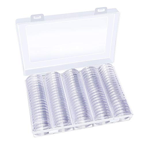 Hysagtek 100 Pcs Coin Capsules Round Coin Collection Holder Display Case Container With Storage Organizer Box for Coin Collection Supplies, 30 mm, Transparent
