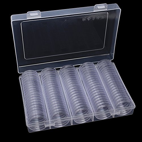 Hysagtek 100 Pcs Coin Capsules Round Coin Collection Holder Display Case Container With Storage Organizer Box for Coin Collection Supplies, 30 mm, Transparent