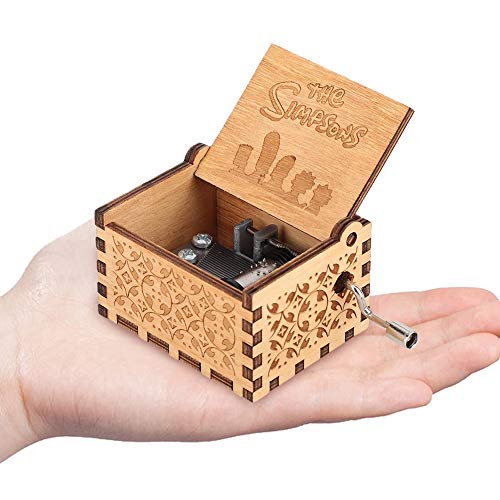 Hztyyier Caja de música mecánica de Madera Caja de música patrón Tallado con Resorte de manivela para Regalos de decoración del hogar para cumpleaños(Los Simpsons)