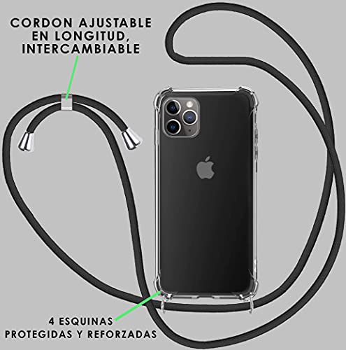 ICOVERI Funda con cordón Compatible con iPhone 6S/7/8/SE Color Negro. Funda Transparente Reforzada Antigolpes TPU, Cordón Ajustable Cuello.