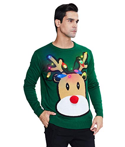 IDGREATIM Jersey de Navidad de punto unisex con luz LED en 3D, diseño navideño, verde, XL