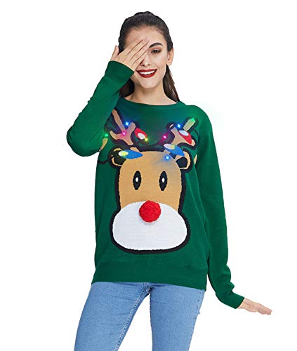 IDGREATIM Jersey de Navidad de punto unisex con luz LED en 3D, diseño navideño, verde, XL