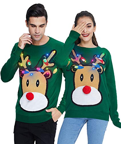 IDGREATIM Jersey de Navidad de punto unisex con luz LED en 3D, diseño navideño, verde, XL