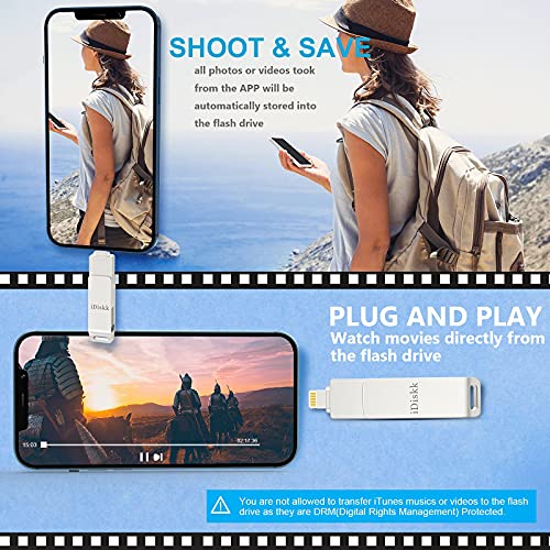 iDiskk Pendrive para iPhone iPad 128GB, Profesional Memoria USB Photo Stick Flash Drive Expansión para iOS Macbook y laptops [Certificación MFi]