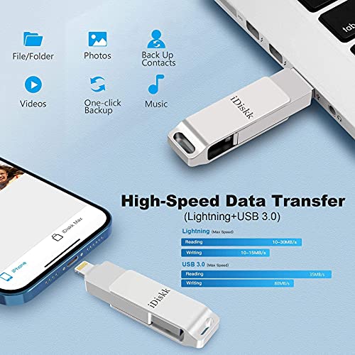 iDiskk Pendrive para iPhone iPad 128GB, Profesional Memoria USB Photo Stick Flash Drive Expansión para iOS Macbook y laptops [Certificación MFi]