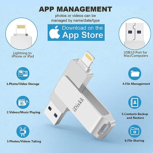 iDiskk Pendrive para iPhone iPad 128GB, Profesional Memoria USB Photo Stick Flash Drive Expansión para iOS Macbook y laptops [Certificación MFi]