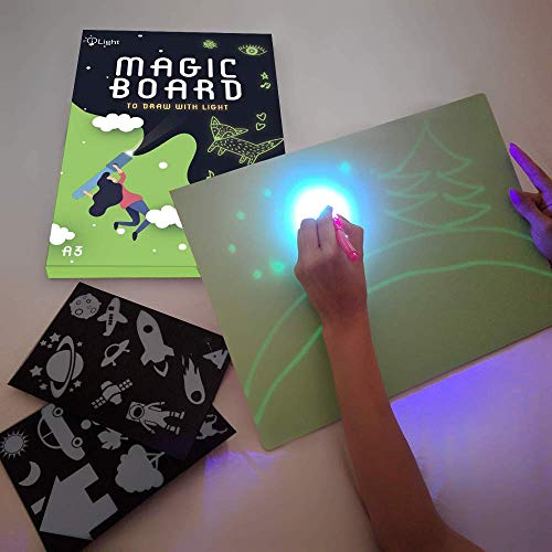 iLight Pizarra Infantil Mágica de Dibujo con Luz Real – Juego de Pintar para Niños y Niñas de 3 a 12 años que Fomenta la Creatividad – Incluye Tablero & 1 Bolígrafo de Luz & 3 Plantillas [Tamaño A3]