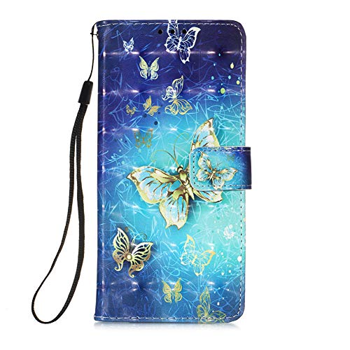 IMEIKONST Caso para OPPO A52 Funda 3D Moda Design Carcasa PU Cuero Libro Flip Cartera Magnetic Cover con Función de Soporte Funda para OPPO A92 / A52 / A72 3D Gold Blue Butterfly YB