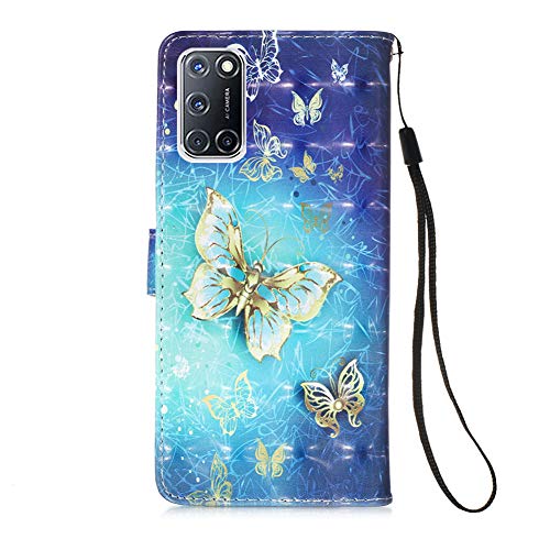 IMEIKONST Caso para OPPO A52 Funda 3D Moda Design Carcasa PU Cuero Libro Flip Cartera Magnetic Cover con Función de Soporte Funda para OPPO A92 / A52 / A72 3D Gold Blue Butterfly YB