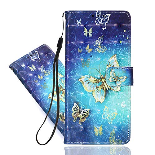 IMEIKONST Caso para OPPO A52 Funda 3D Moda Design Carcasa PU Cuero Libro Flip Cartera Magnetic Cover con Función de Soporte Funda para OPPO A92 / A52 / A72 3D Gold Blue Butterfly YB