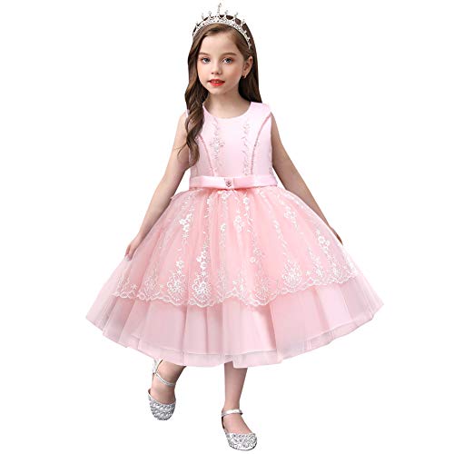 IMEKIS Vestido de princesa sin mangas con bordado floral para dama de honor, vestido de fiesta de cumpleaños, boda, desfile, lazo, tul, tutú formal corto vestido de noche