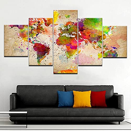 Impresiones de alta definición con 5 carteles coloridos del mapa del mundo, pinturas de lienzo sin marco abstractas de acuarela retro A34 XL
