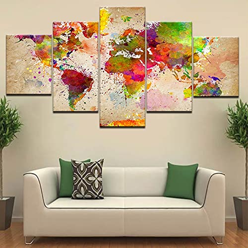 Impresiones de alta definición con 5 carteles coloridos del mapa del mundo, pinturas de lienzo sin marco abstractas de acuarela retro A34 XL