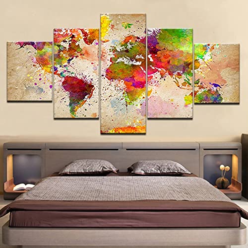 Impresiones de alta definición con 5 carteles coloridos del mapa del mundo, pinturas de lienzo sin marco abstractas de acuarela retro A34 XL