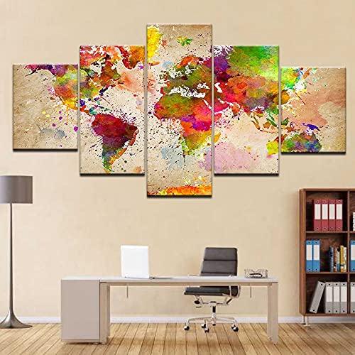 Impresiones de alta definición con 5 carteles coloridos del mapa del mundo, pinturas de lienzo sin marco abstractas de acuarela retro A34 XL