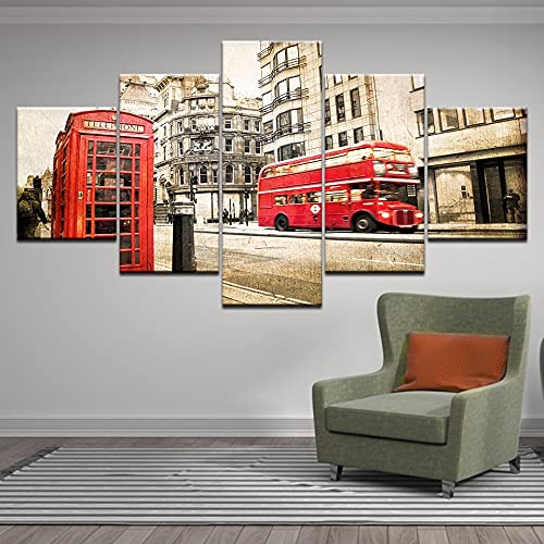 Impresiones de lienzo de arte de pared con impresión de alta definición moderna, 5 carteles de pintura de escena de calle de autobús rojo de Londres A69 S