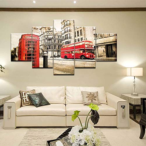Impresiones de lienzo de arte de pared con impresión de alta definición moderna, 5 carteles de pintura de escena de calle de autobús rojo de Londres A69 S
