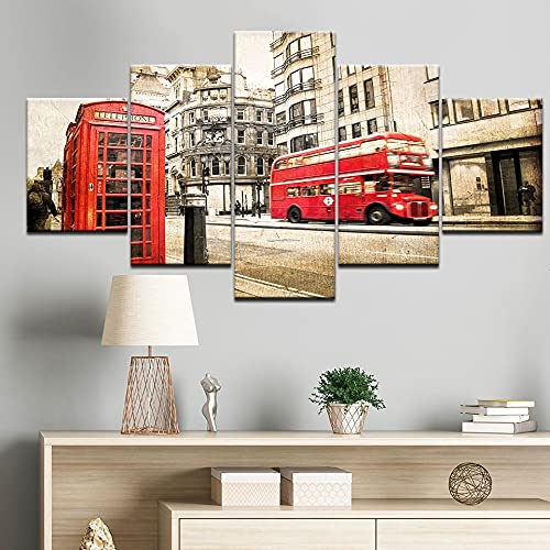 Impresiones de lienzo de arte de pared con impresión de alta definición moderna, 5 carteles de pintura de escena de calle de autobús rojo de Londres A69 S
