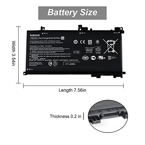 Indmird TE03XL Batería para HP Pavilion 15 Omen 15-BC000 15-BC015TX BC400NA BC006NA BC411TX BC406TX BC407TX BC408TX 15-AX033DX AX009NA AX001TX AX001NS AX038NF AX009NG TPN-Q173 [11.55 V/61.6 Wh]